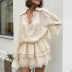 Women's Autumn French Lazy Lace Collared Design Tiered Dress