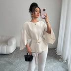 Women's Women French Gentle Beige Coat Women Round Neck Waist Trimming Slimming Shirt