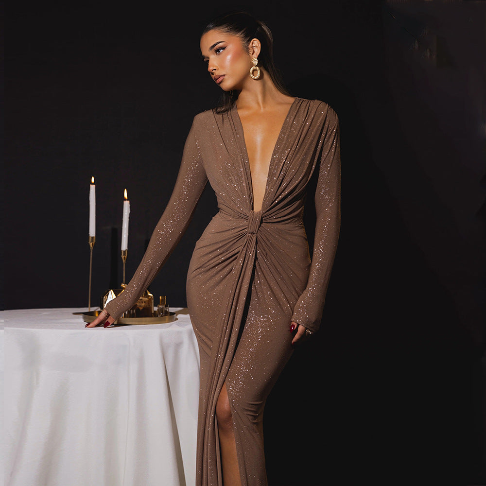 Deep V-Neck Sequin Ruched Split Bodycon Maxi Dress