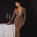 Deep V-Neck Sequin Ruched Split Bodycon Maxi Dress