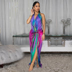 Women's Printed Lace-Up Backless Split Dress