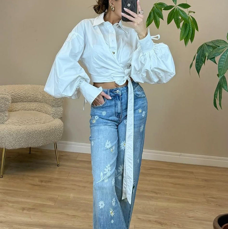 Women's Fall Lace Up Cropped Shirt Collared
