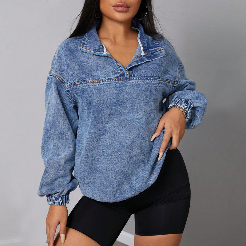Denim Collared Long Sleeve Pullover Top