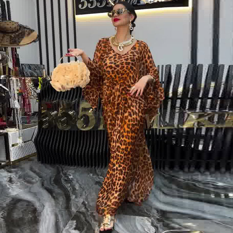 V-Neck Split Irregular Asymmetric Cinched Printed Long Sleeve Dress