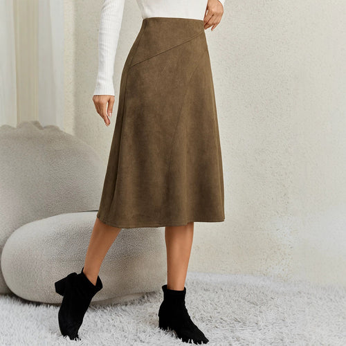 Women’s brown suede-look midi skirt with elastic waist and diagonal seam details