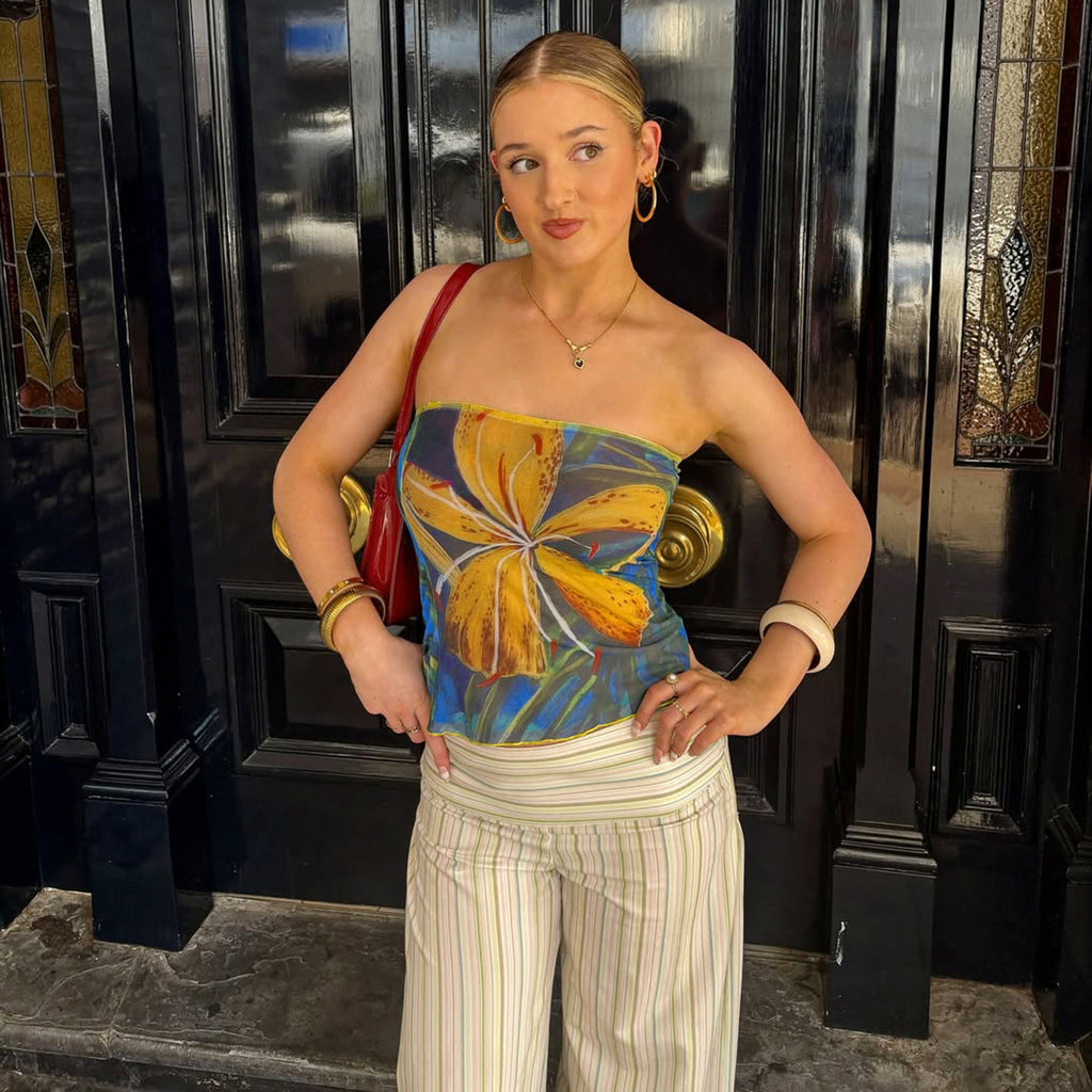 Women's Floral Print Tube Top Oil Painting Contrast Color Mesh Top