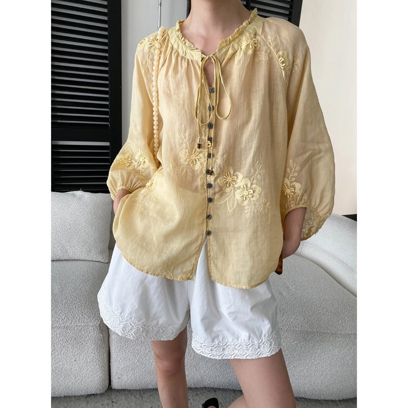 Ramie Lace-Up Lantern Sleeve Blouse