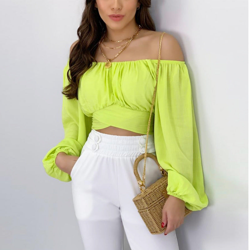 Women's Exposed Lantern Sleeve Off Neck Lacing Puff Sleeve Shirt
