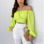 Women's Exposed Lantern Sleeve Off Neck Lacing Puff Sleeve Shirt