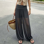Women Clothing Sexy Mesh Micro Transparent Bloomers Casual Loose Waist Pleated Trousers