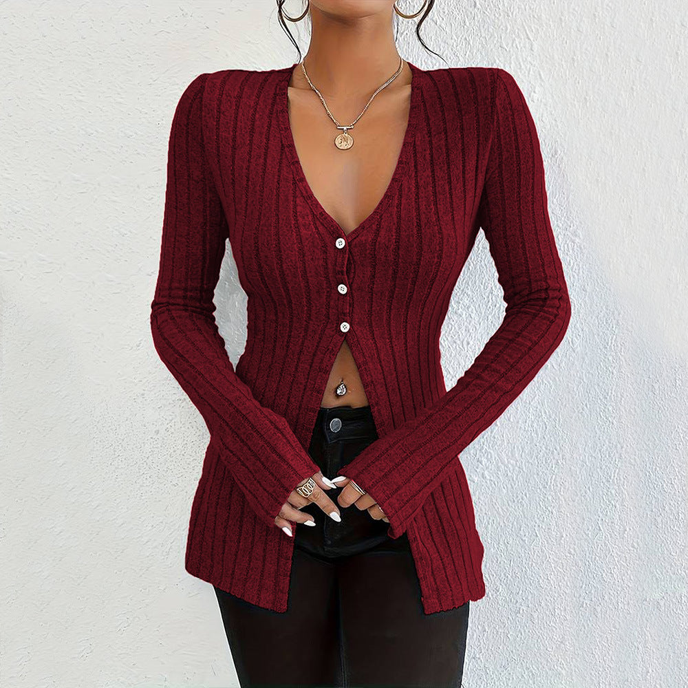 Women's French V Neck T Shirt Long Sleeves Cropped Design Bottoming