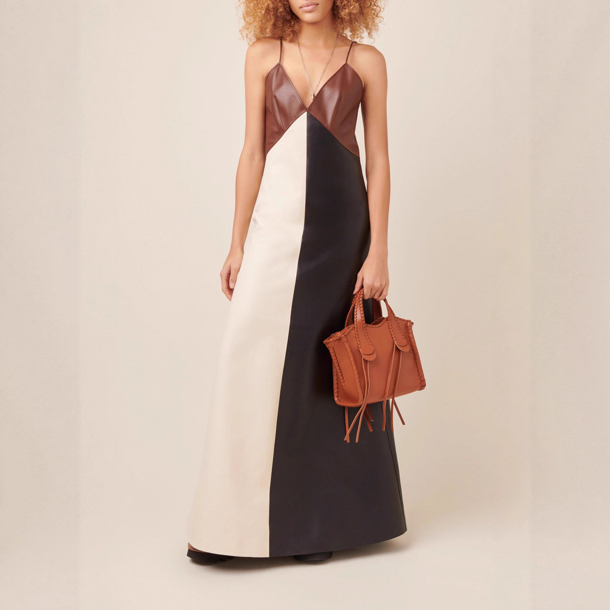 Contrast Color Strap Faux Leather Stitching Slim V-Neck Leather Dress