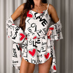 Summer Thin Letter Graphic Printing Long Sleeve Spaghetti Strap Slit Shorts Three Piece Set Ladies Homewear