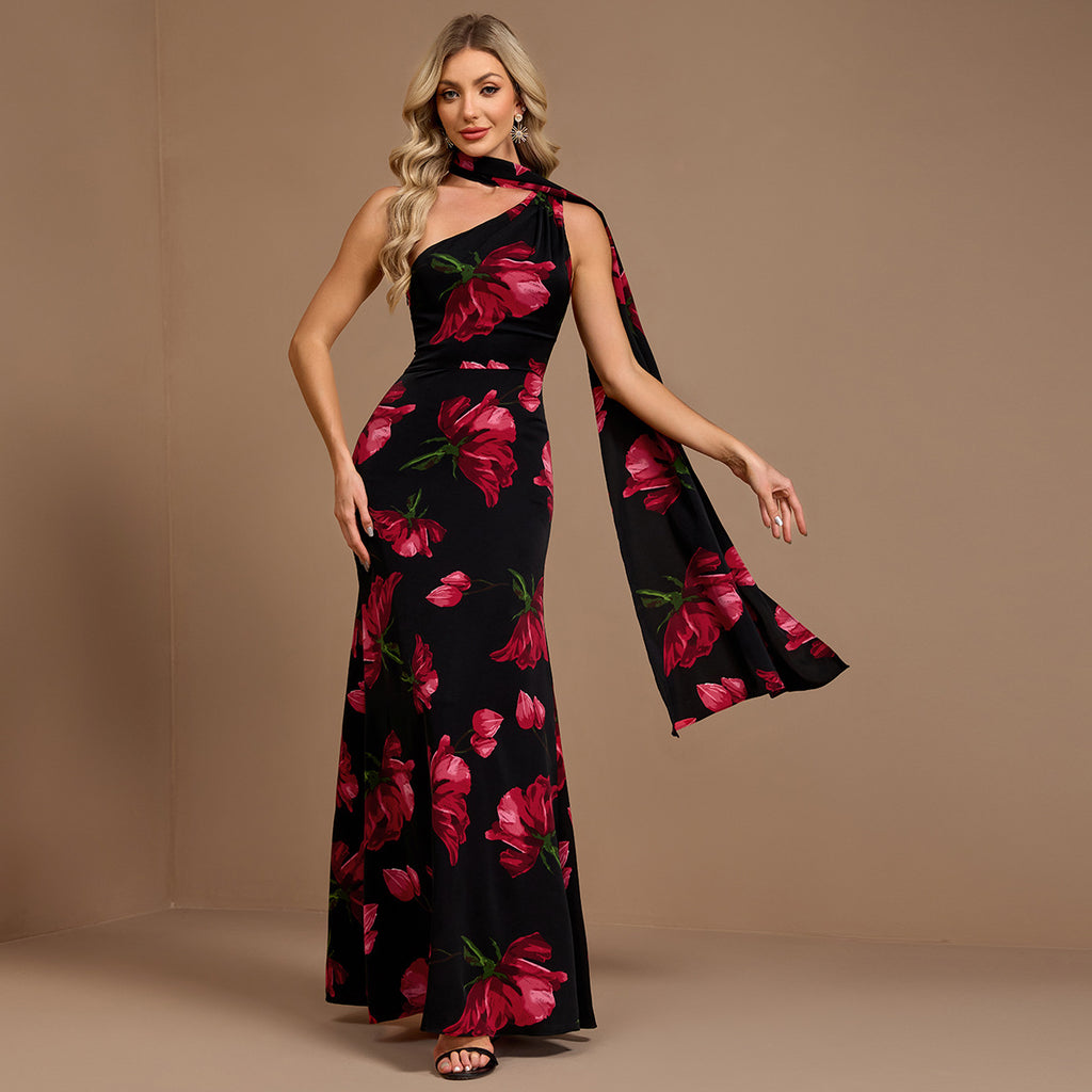 Spring Summer Slant Shoulder Ribbon Floral Dress A Hem