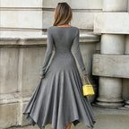 Sexy V neck Tight Waist Irregular Asymmetric Slimming Solid Color Dress Casual French Elegance Long Dress