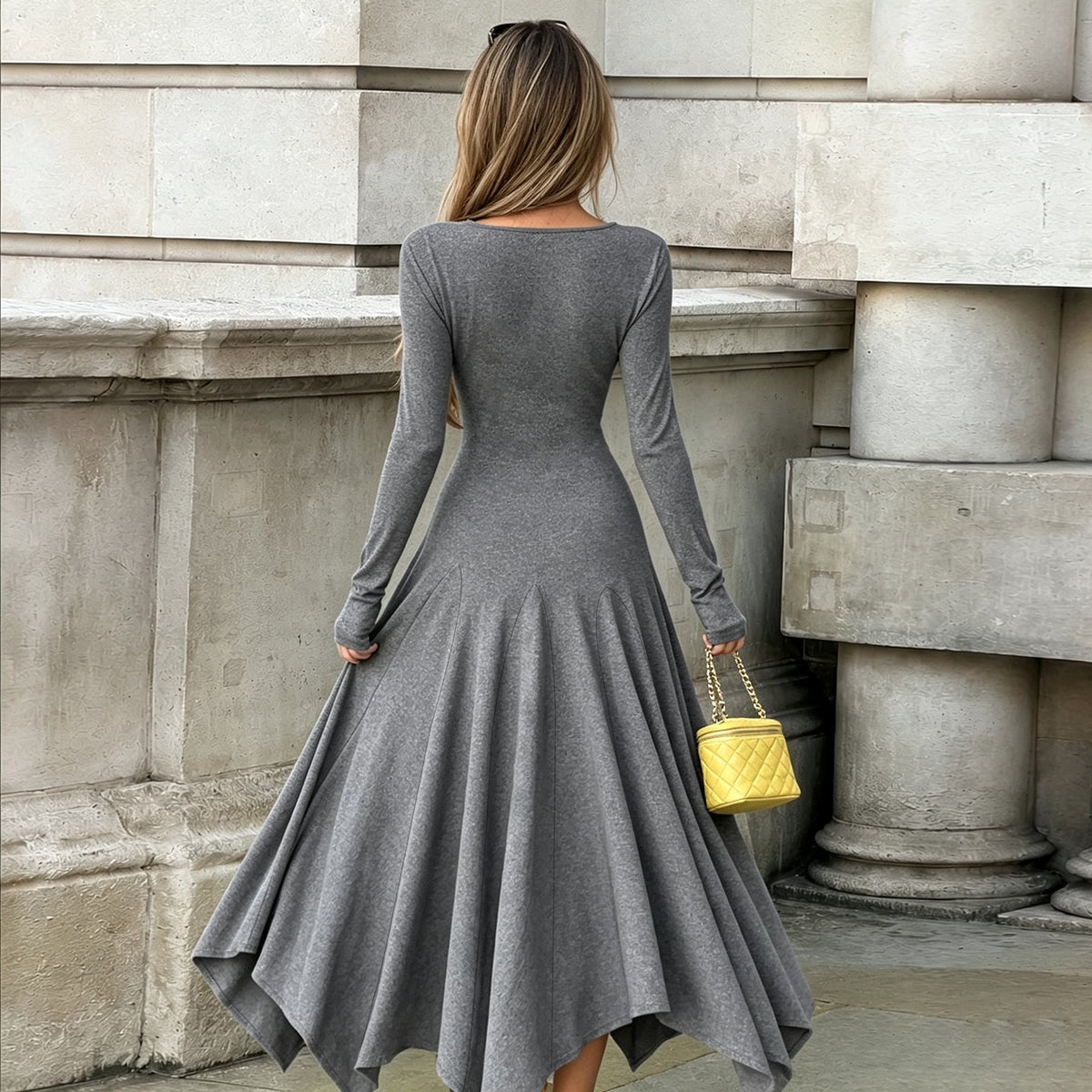 Sexy V neck Tight Waist Irregular Asymmetric Slimming Solid Color Dress Casual French Elegance Long Dress