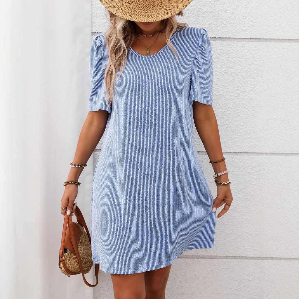 Contrast Color Twist Strip Puff Sleeve Mid Length Dress