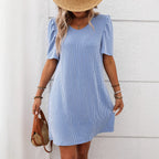 Contrast Color Twist Strip Puff Sleeve Mid Length Dress