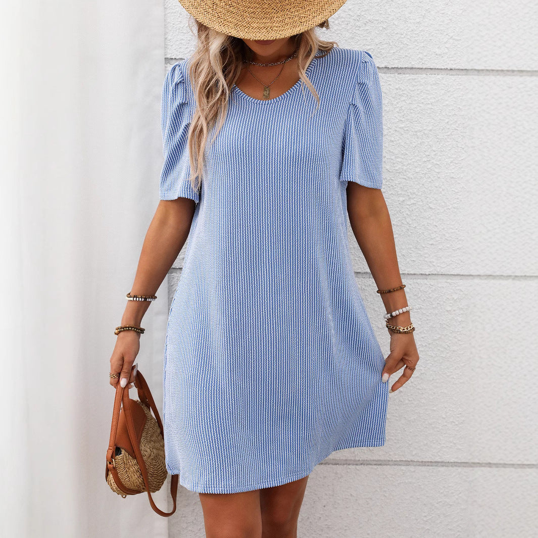 Contrast Color Twist Strip Puff Sleeve Mid Length Dress