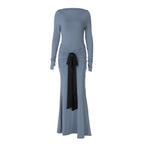 Women's Summer Solid Color Pleated Waist Controlled Lace up Long Sleeve Dress