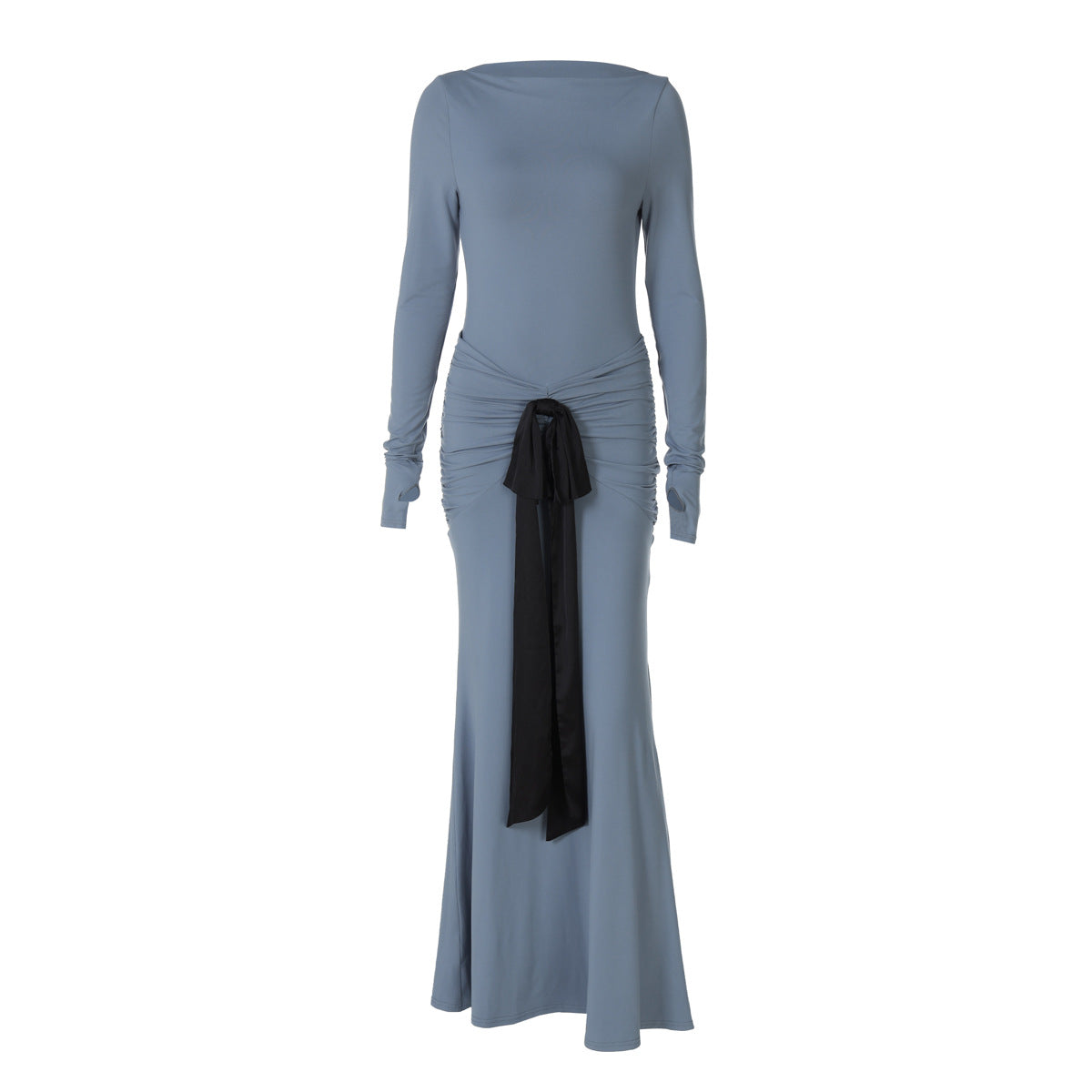 Women's Summer Solid Color Pleated Waist Controlled Lace up Long Sleeve Dress