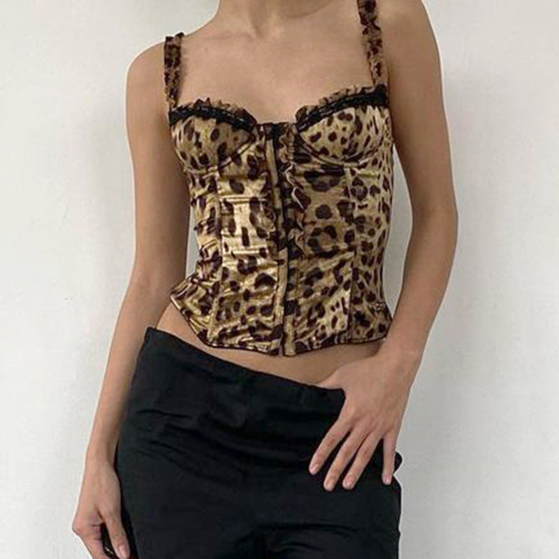 Women's Women’s Leopard Print Lace Trim Corset Crop Top