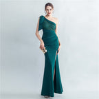One Shoulder Lace Beaded Slit Evening Maxi Dress