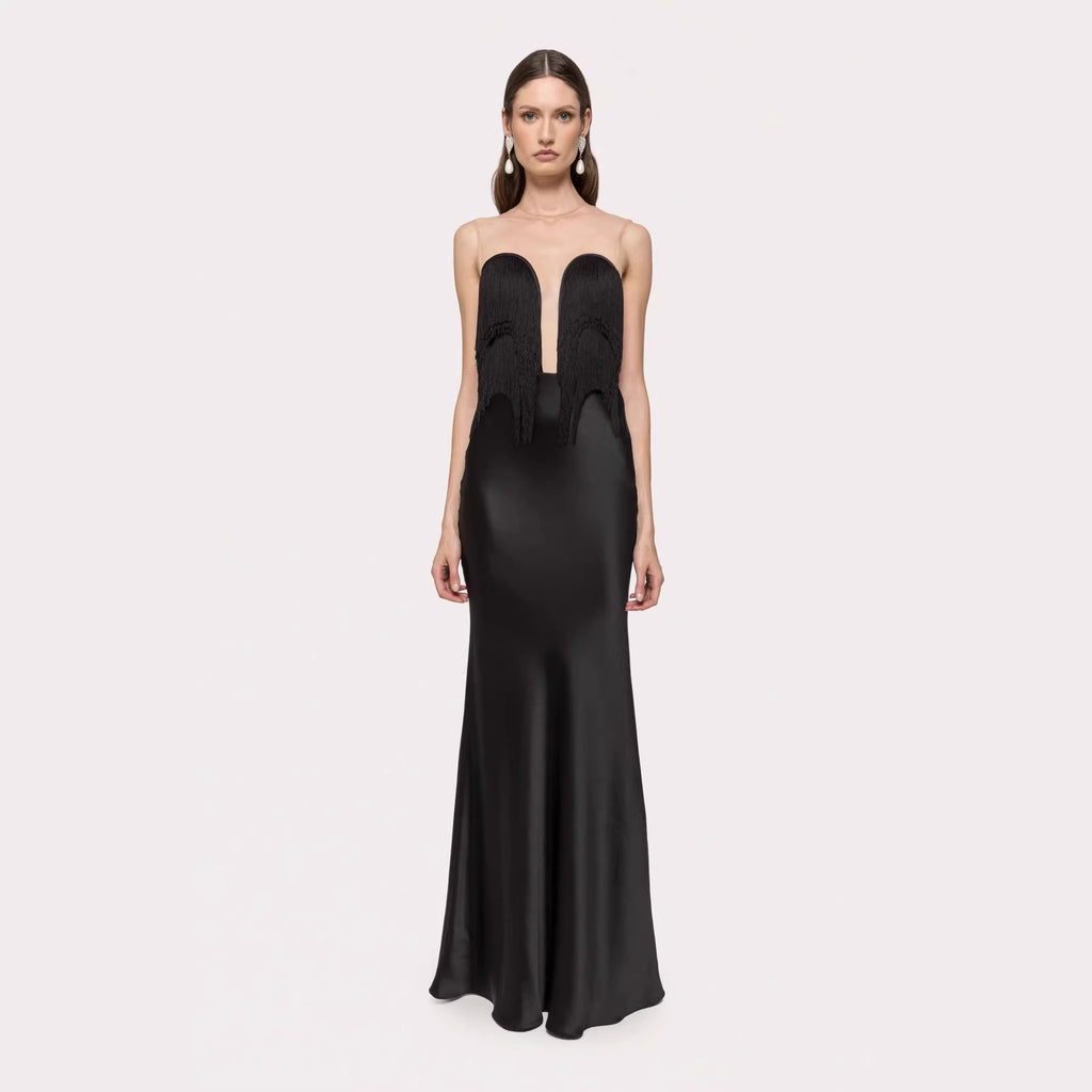 Women's Black Tassel Strapless Fishtail Draping V Neck Slim Fit Evening Dress Wedding
