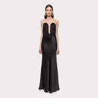 Women's Black Tassel Strapless Fishtail Draping V Neck Slim Fit Evening Dress Wedding