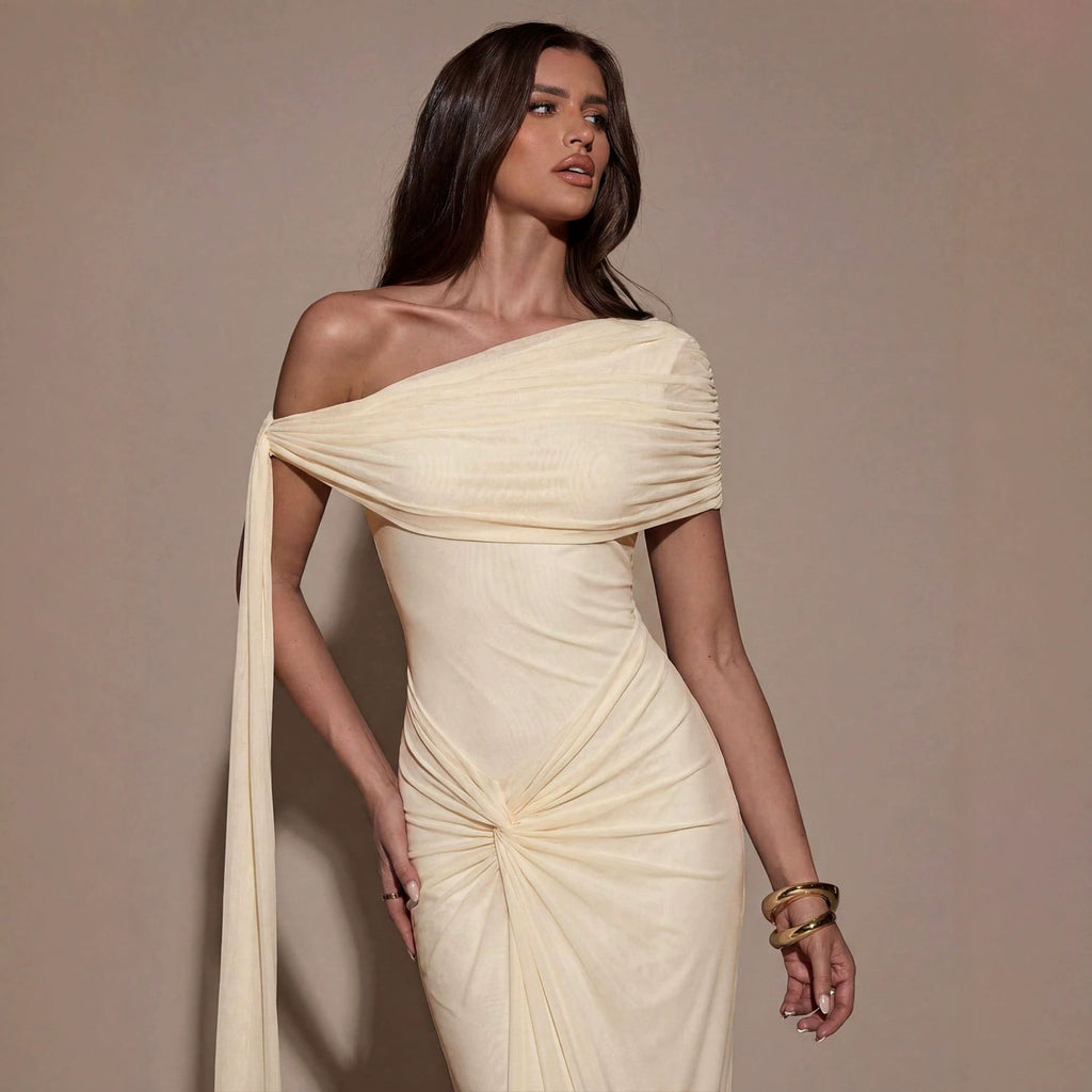 Light yellow one-shoulder maxi dress with gathered drape and ruched bodice