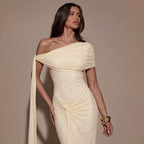 Light yellow one-shoulder maxi dress with gathered drape and ruched bodice