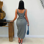 Square-Neck Ruched Pocket Bodycon Maxi Dress