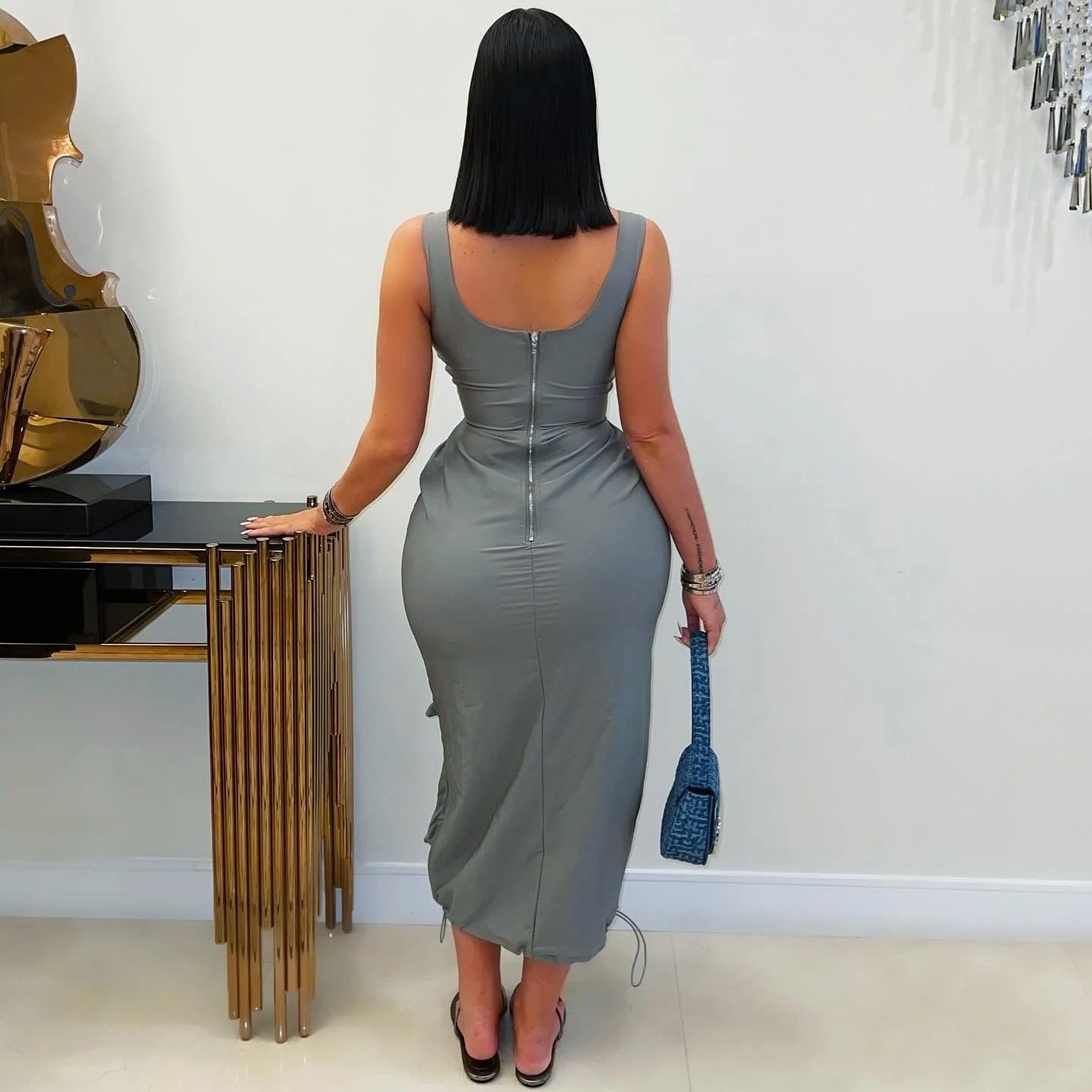 Square-Neck Ruched Pocket Bodycon Maxi Dress