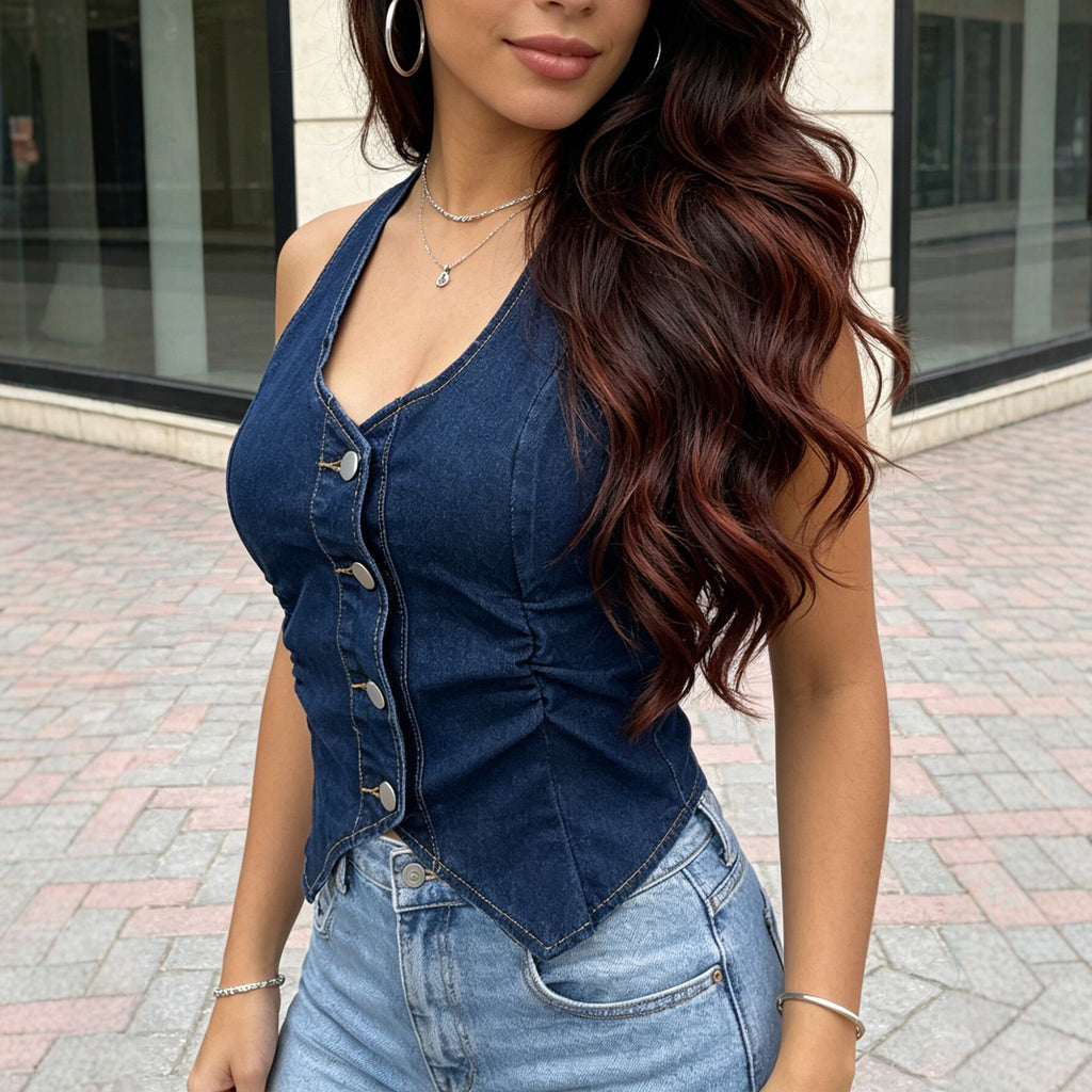 Short Denim Tube Top Vest For Women Zipper Slim Fit Slim