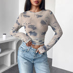 Women's Autumn Winter Elegant Women Loral Mesh Floral Print Pleated Side Short Top For Women
