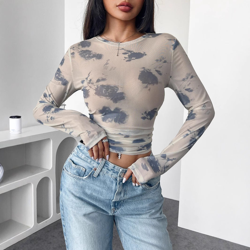 Women's Autumn Winter Elegant Women Loral Mesh Floral Print Pleated Side Short Top For Women