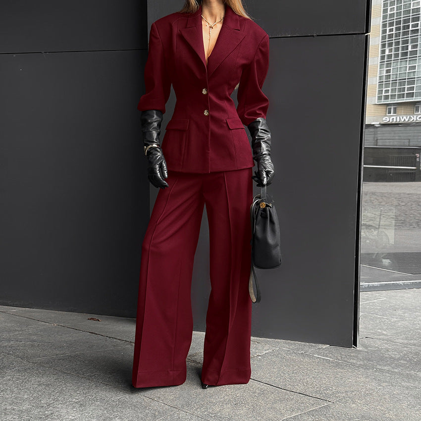 Autumn Winter Retro Wine Red Small Blazer Trousers Primary Slimming Commuting Elegant Two-Piece Set