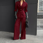 Autumn Winter Retro Wine Red Small Blazer Trousers Primary Slimming Commuting Elegant Two-Piece Set
