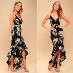 Women Spring Summer New Black White Floral Print High Waist Backless Strap Dress