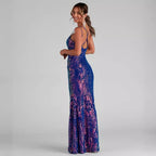 Women's off Neck Sequined Floor Length Evening Dress Slit Cocktail Party Dress for