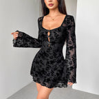 Women's Square-Neck Floral Lace Cutout Long-Sleeve Dress