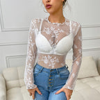 Women's Summer Long Sleeve Floral Embroidery Sheer Top Sexy Underwear