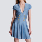 V-Neck Short-Sleeve Knit A-Line Mini Dress