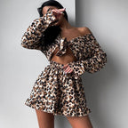 Fall Thin Type Leopard Print Home Wear Women Long Sleeve Spaghetti Strap Ruffle Shorts Three Piece Set Skin Friendly Breathable