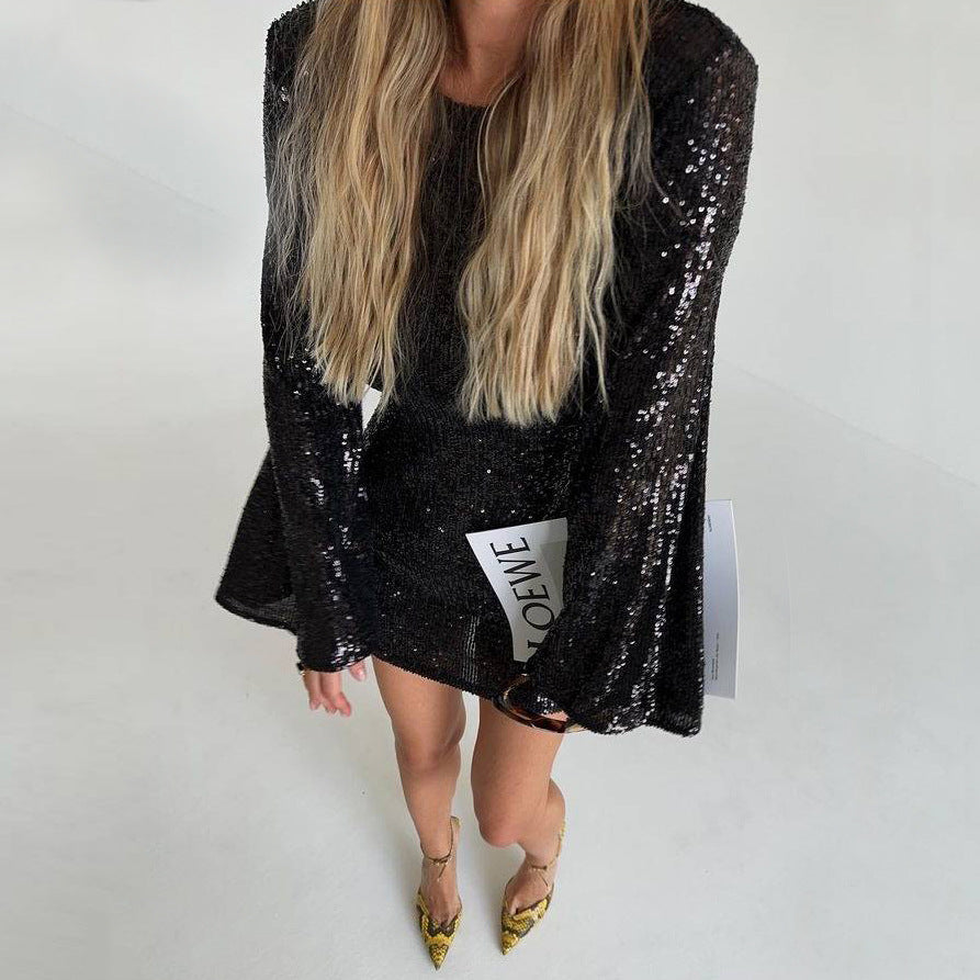 Autumn Winter Women Clothing Sequined Flare Sleeve Dress