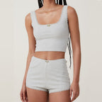 Women's Solid Color Lace Trim Vest Top Shorts Button Sweet Girl Home