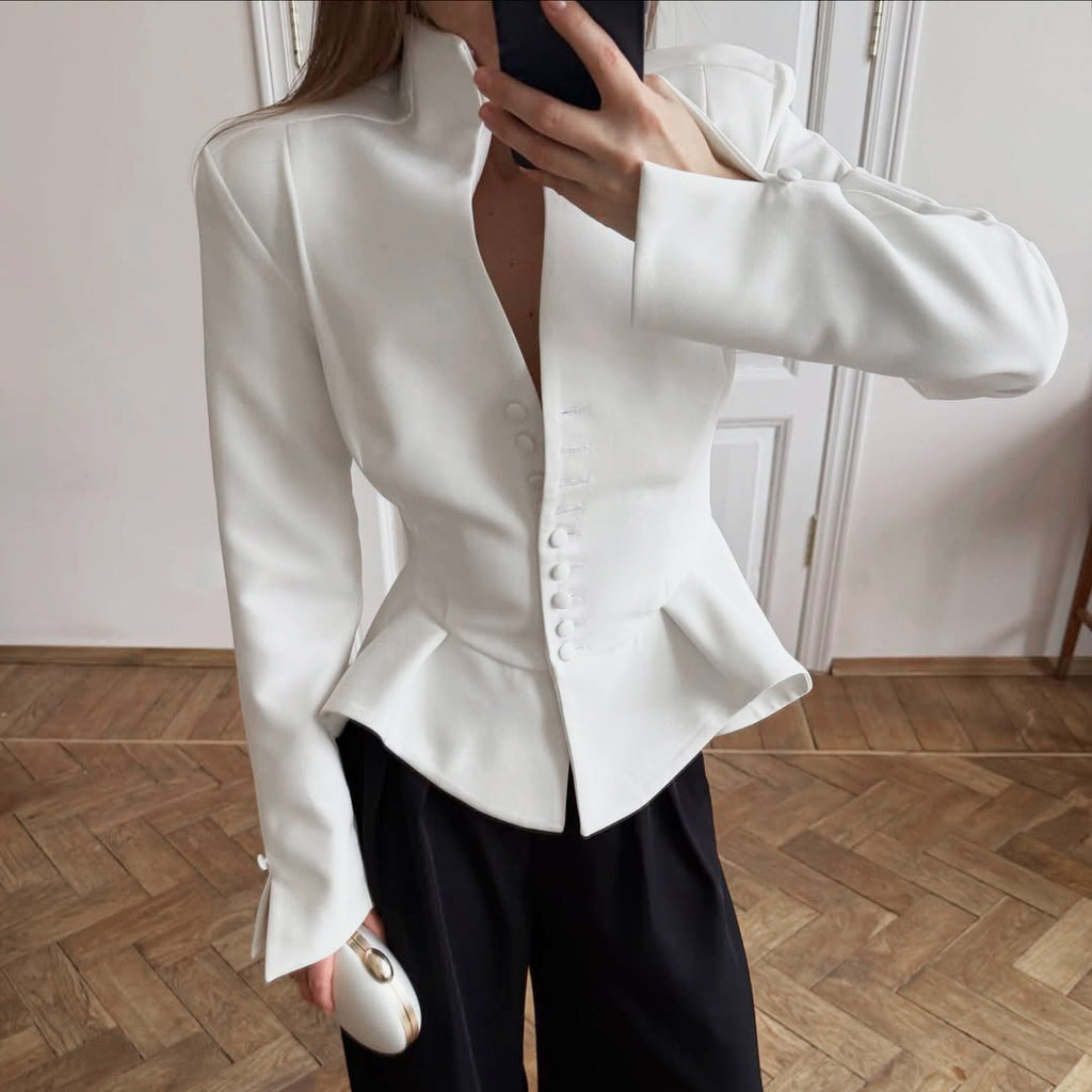 Business Wear Women Autumn White Stand Collar Tight Waist Breasted Lotus Leaf Hem Slim Fit Slimming Commuting Coat