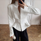 Business Wear Women Autumn White Stand Collar Tight Waist Breasted Lotus Leaf Hem Slim Fit Slimming Commuting Coat