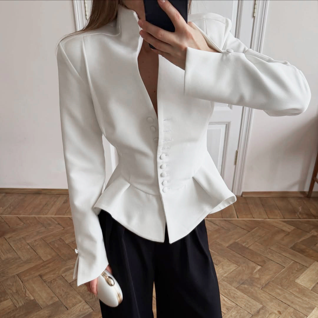 Business Wear Women Autumn White Stand Collar Tight Waist Breasted Lotus Leaf Hem Slim Fit Slimming Commuting Coat