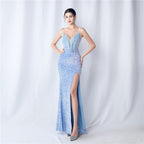 Women's Velvet Bottom Handmade Sequin Embellished Mix Match Beads Evening Dress